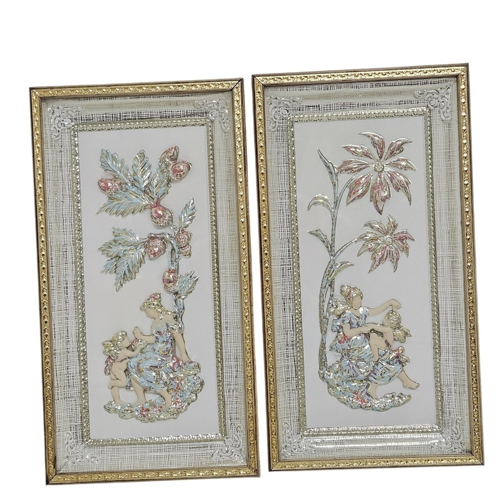 Four Seasons Impressed Artwork Summer and Winter Rose Cherub Metalcraft Vintage‎